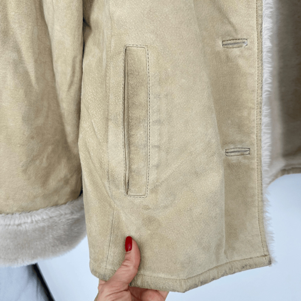 Womens XL Suede Faux Fur Lined Winter Jacket Pockets Cream Boho 70s Style - Picture 8 of 15